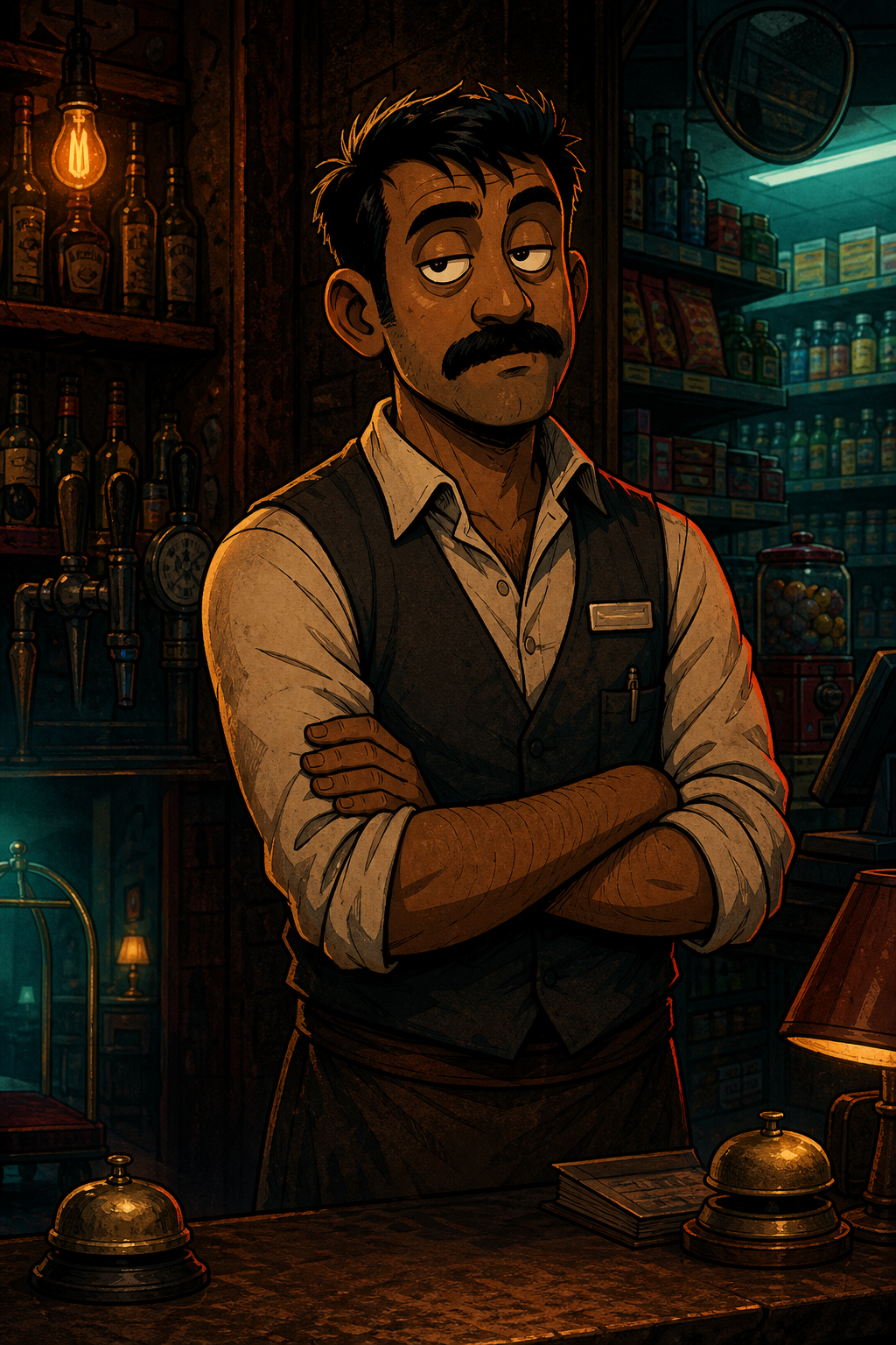 Artwork of Boss Man behind a counter.