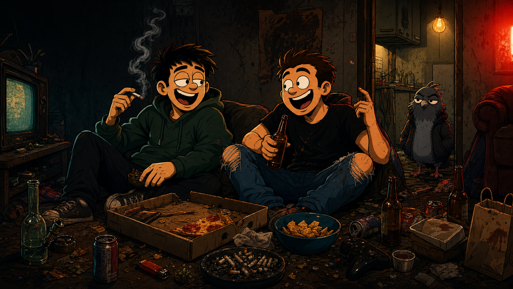 Animated key art of Darren and Dave standing in a messy living room.