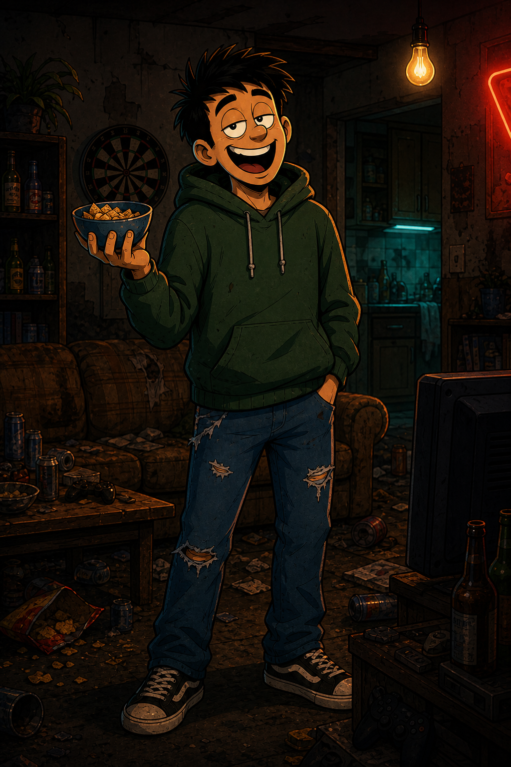 Artwork of Darren in the flat.